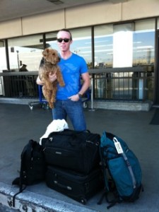 Photo of Dr Patrick Mahaney and Cardiff at LAX en Route to Peru